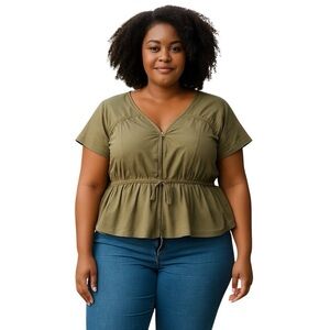 Inc International Concepts Plus Size Olive Green Flutter Sleeve Peplum Blouse 2X